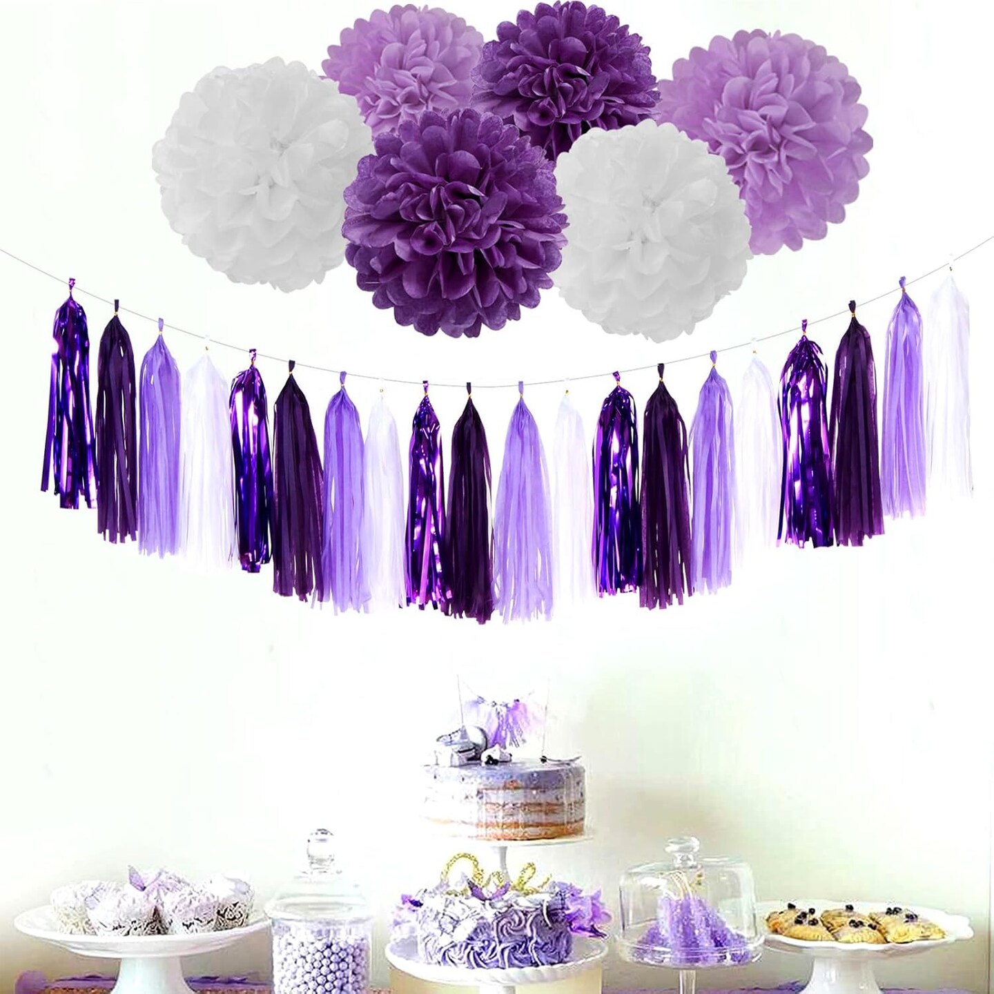 Purple White Lavender Party-Decorations Tassel-Garland - 20pcs Women Girl Birthday Supplies Tassels, Baby Bridal Shower Wedding Engagement Bachelorette Graduation Decor