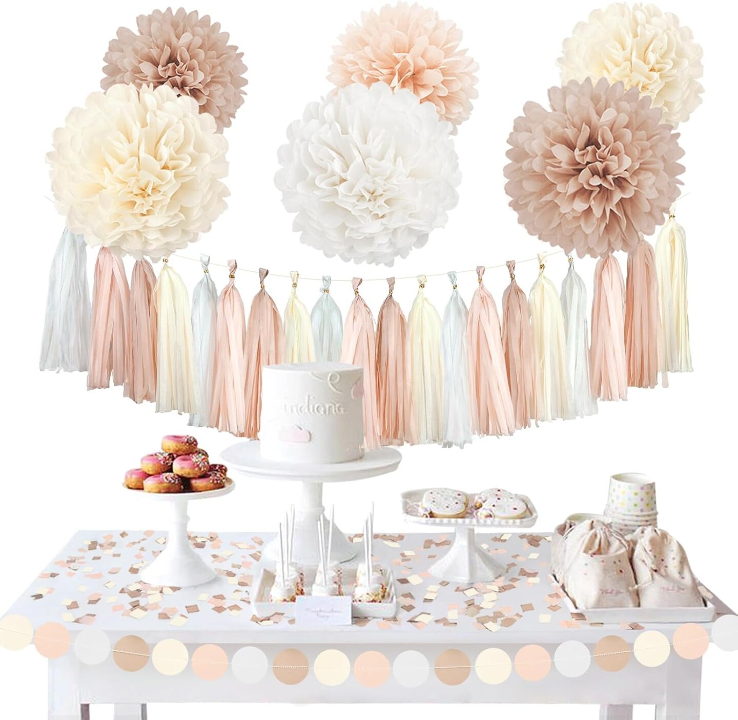 Boho Wedding &#x26; Baby Shower Decorations, 28PCS Creamy White Tissue Paper Pom Poms, Tassels &#x26; Dots Paper Garland, Perfect for Bridal Showers, Birthdays &#x26; More