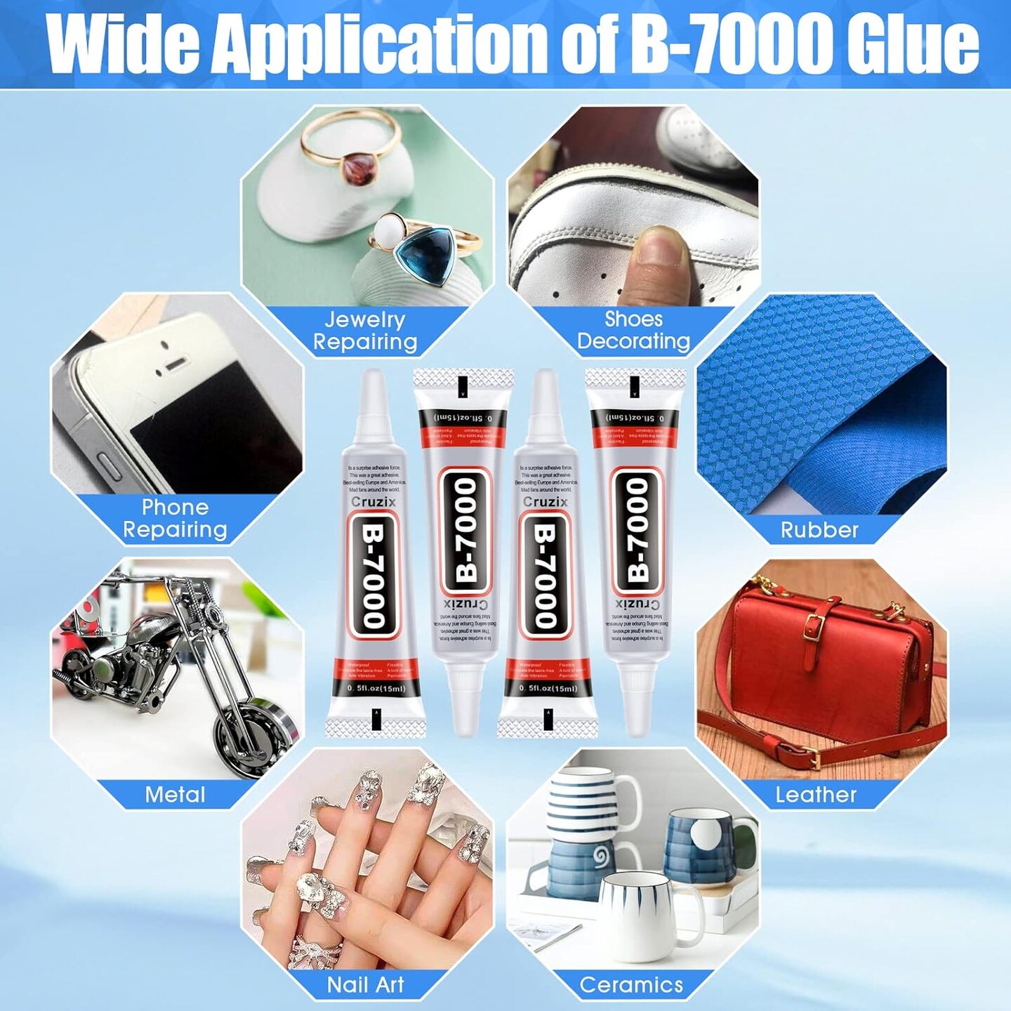 B-7000 Glue Clear for Rhinestone Crafts, Jewelry and Bead Adhesive B7000 Semi Fluid High Viscosity Glues for Clothes Shoes Fabric Cell Phones Screen Repair Metal Stone Nail Art Glass