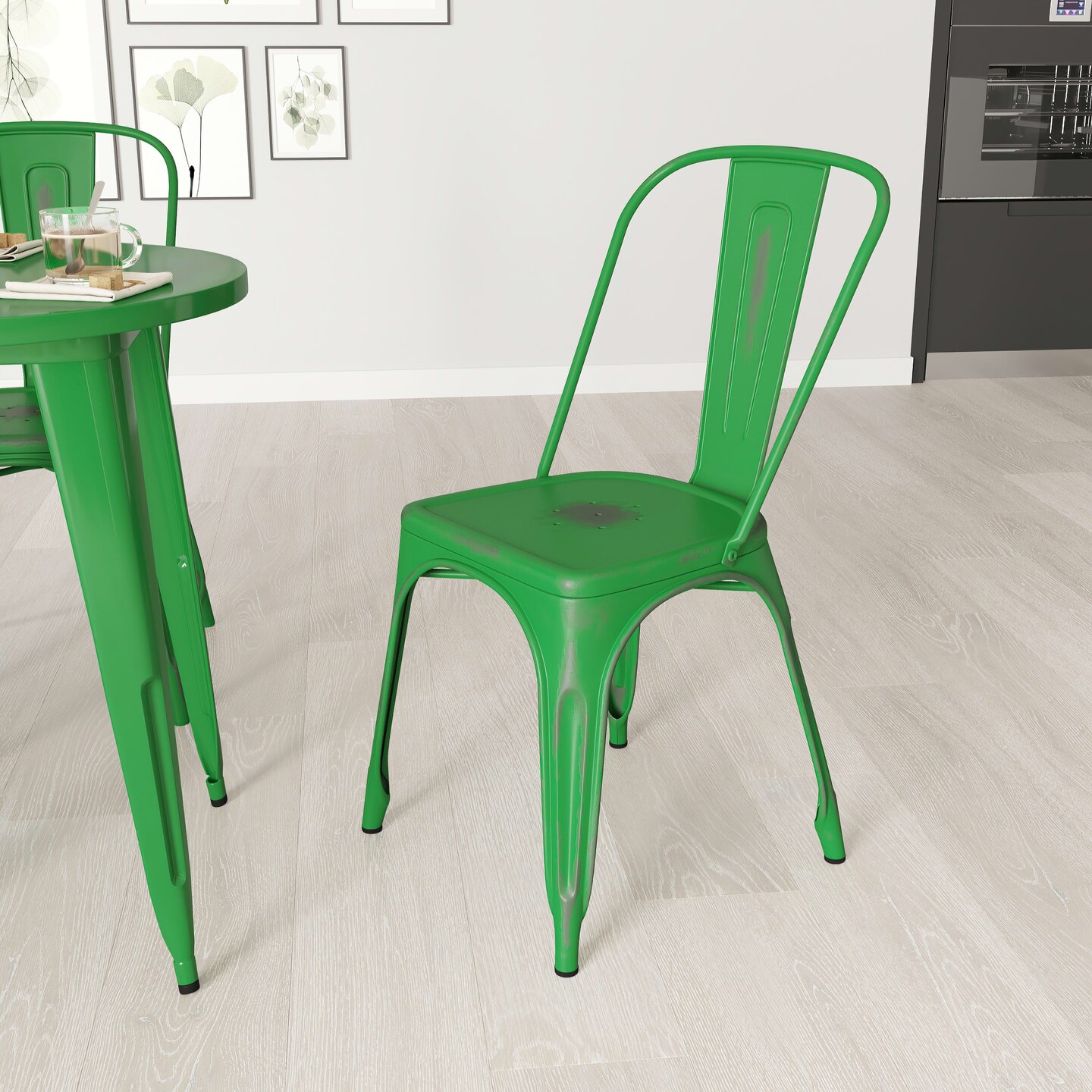 Merrick Lane Banks Indoor/Outdoor Stacking Metal Dining Chair with Single Slat Back and Distressed Powder Coated Finish