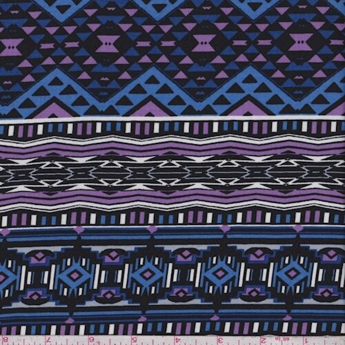 Black/Cobalt/Lilac Southwest Stripe Rayon Challis Fabric By the Yard
