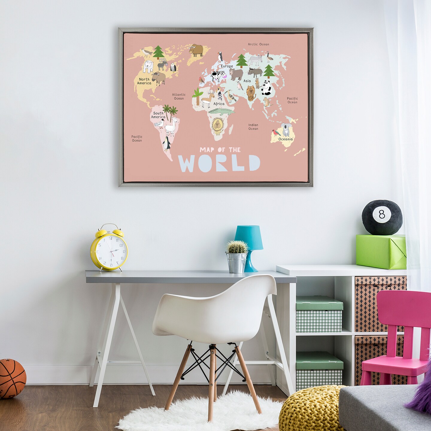 Stupell Industries Kid's Map Of World Pink Floating Frame, design by Carla Daly