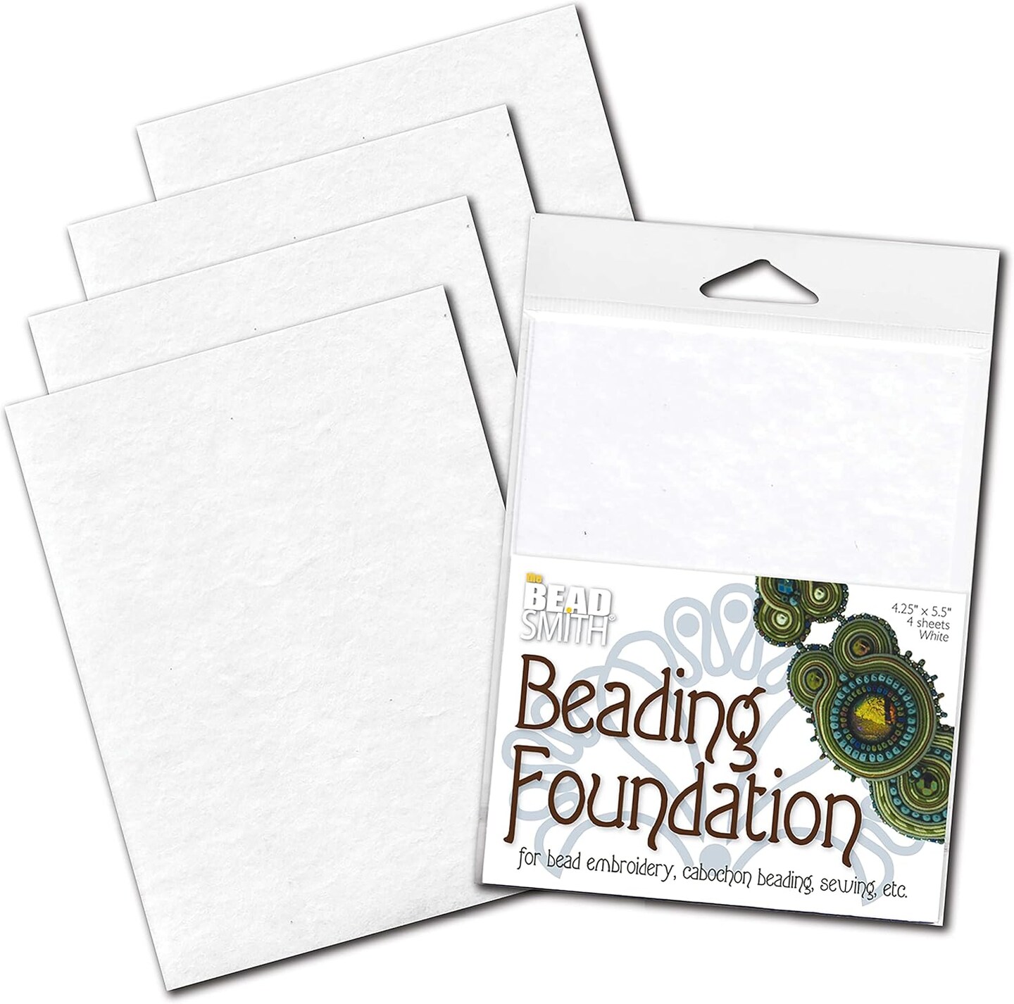 The Beadsmith Beading Foundation – 4.25 x 5.5 inches – White Fabric – 4 Sheets – Made in The USA – Stiff & Durable Material Used for Bead & Stitch Embroidery, cabochon Beading and Sewing
