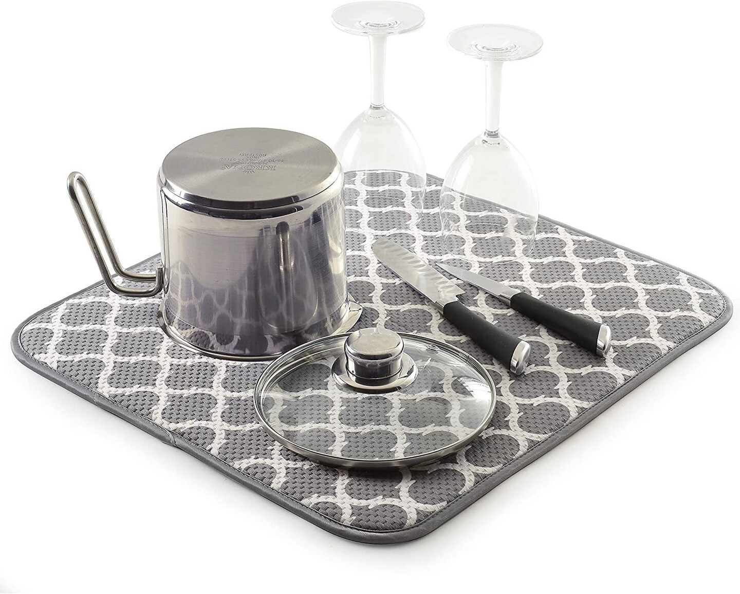 Norpro 16&#x22; x 18&#x22; Washable Microfiber Dish Drainer Glass Drying Mat Pad - Grey Trellis Pattern