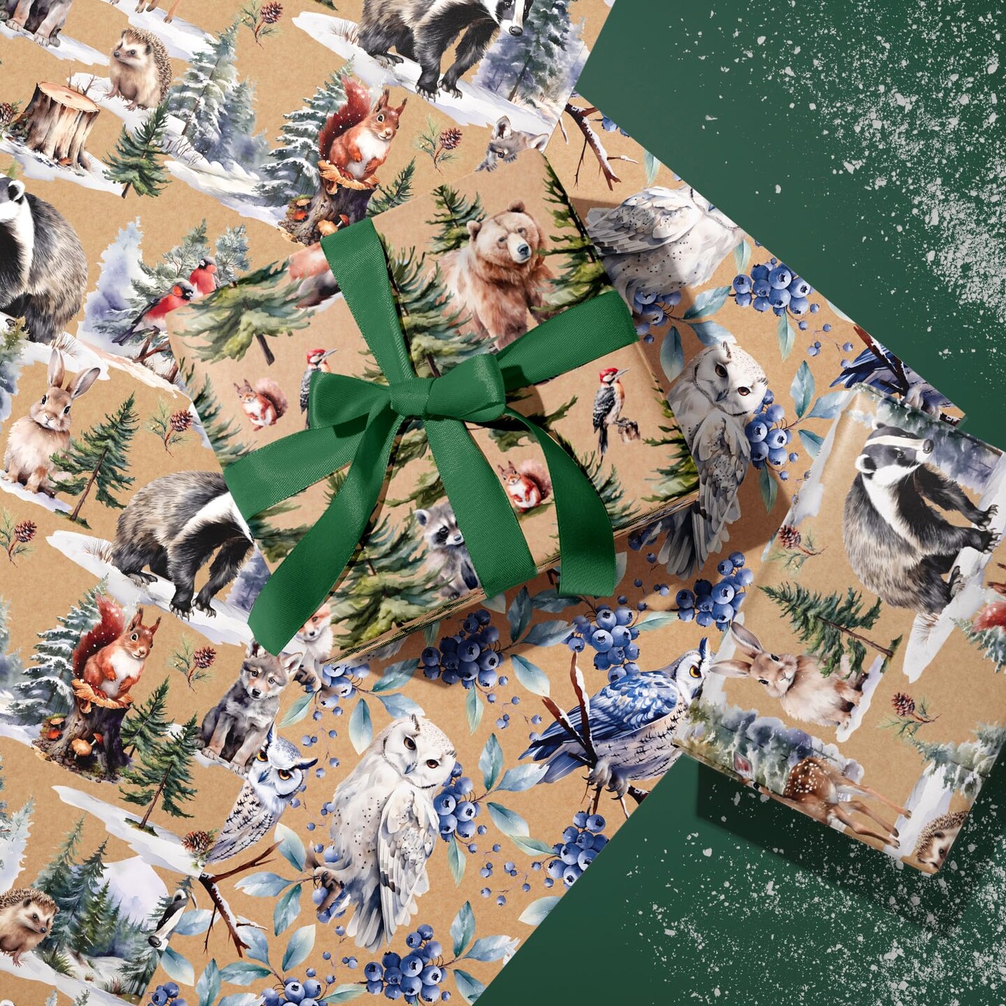Kraft Christmas Wrapping Paper Roll - Mini Roll - 3 Rolls - 17 Inch x 120 Inch Per Roll - Wild Animals Winterfall Watercolor Holiday Collection