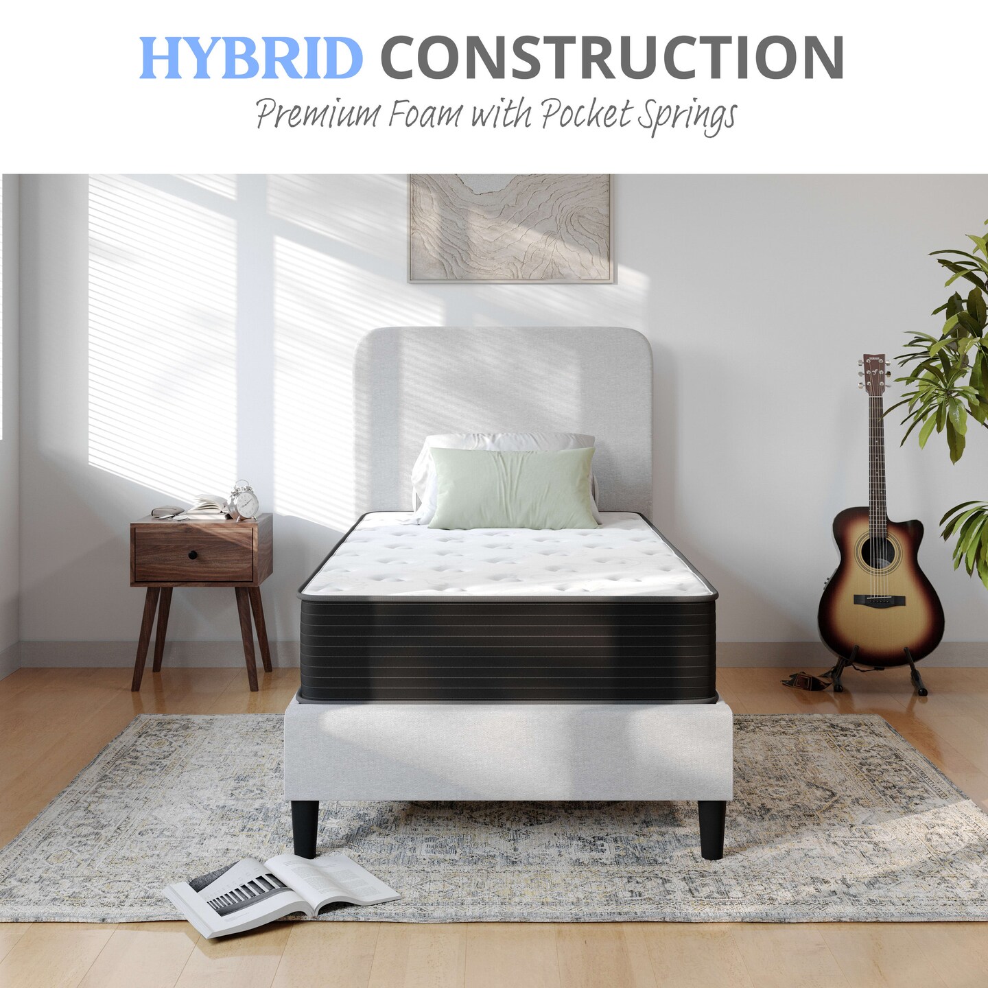 Emma and Oliver Drift 10 Inch Hybrid Mattress, High Density Cooling Foam and Pocket Spring Mattress in a Box, CertiPur-US Certified Foam, White/Black