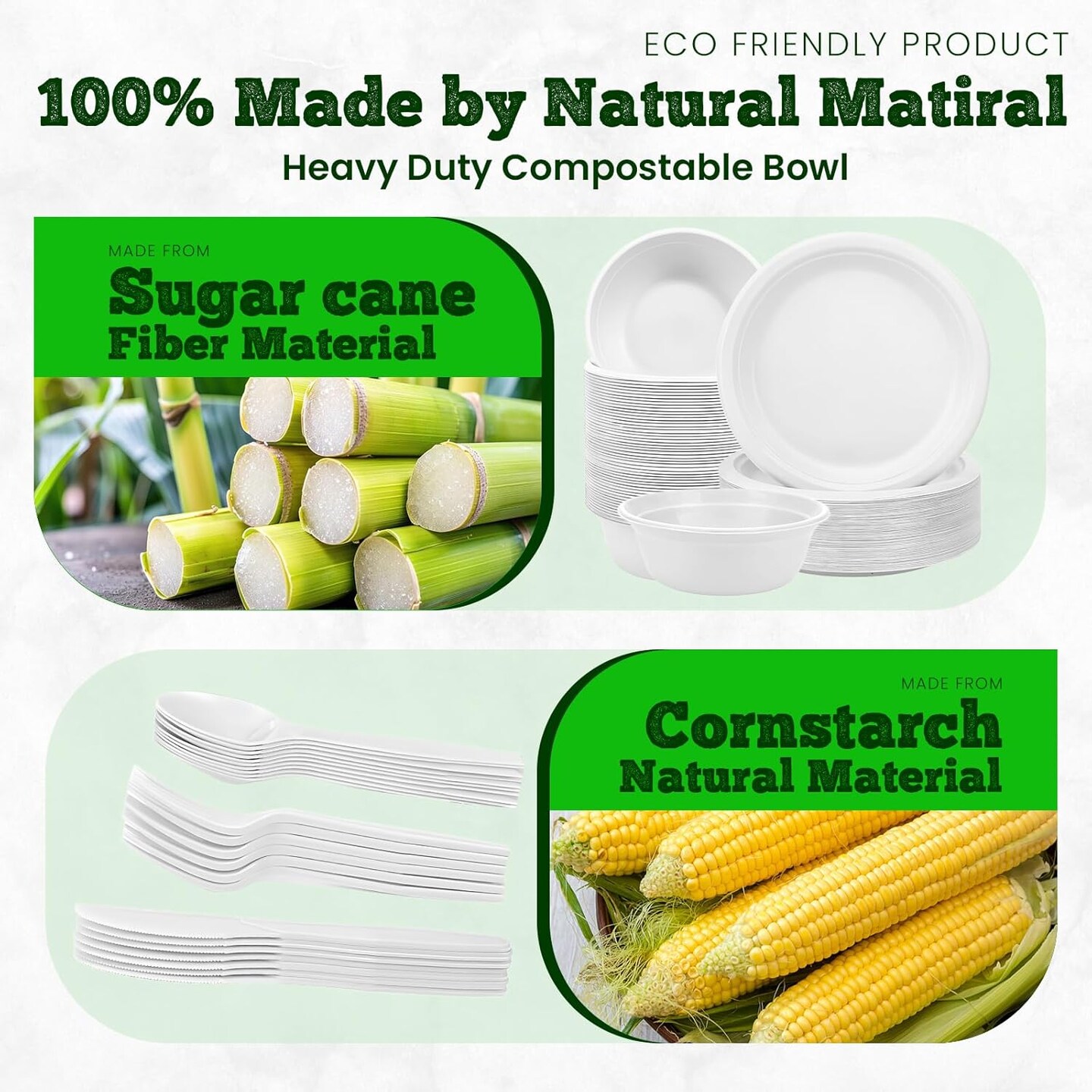 Disposable Plates and bowls set 250 PCS, Compostable Paper Plates with Extra Long Utensils, Microwave Safe Disposable Plates & Cutlery Include Bowls, Forks, Knives and Spoons, 50 Sets Each