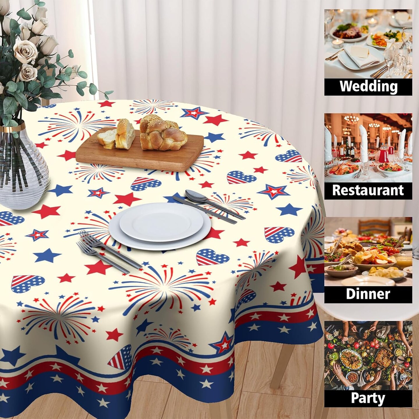 4th of July Tablecloth Patriotic American Flag Round Tablecloth 60 Inch Independence Day Memorial Day Table Cloth for Farmhouse Kitchen Decor Polyester Fabric Table Covers for Party Outdoor Camping
