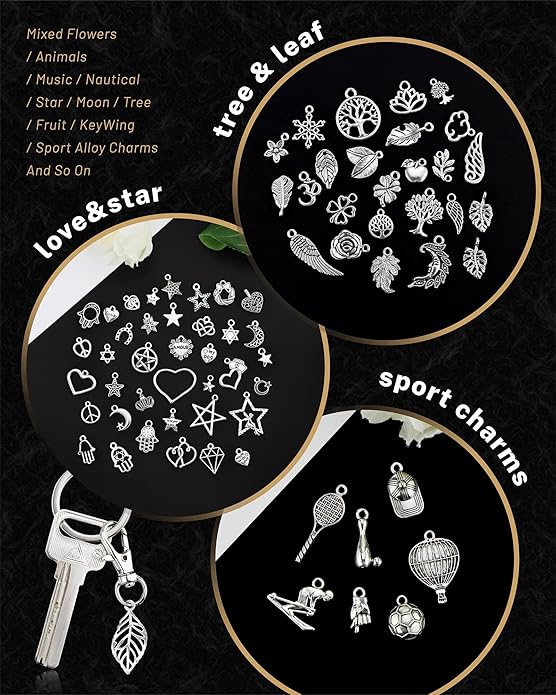 300 PCS Wholesale Bulk Lots Jewelry Making Charms Mixed Smooth Tibetan Silver Alloy Charms Pendants DIY for Bracelet Necklace Jewelry Making