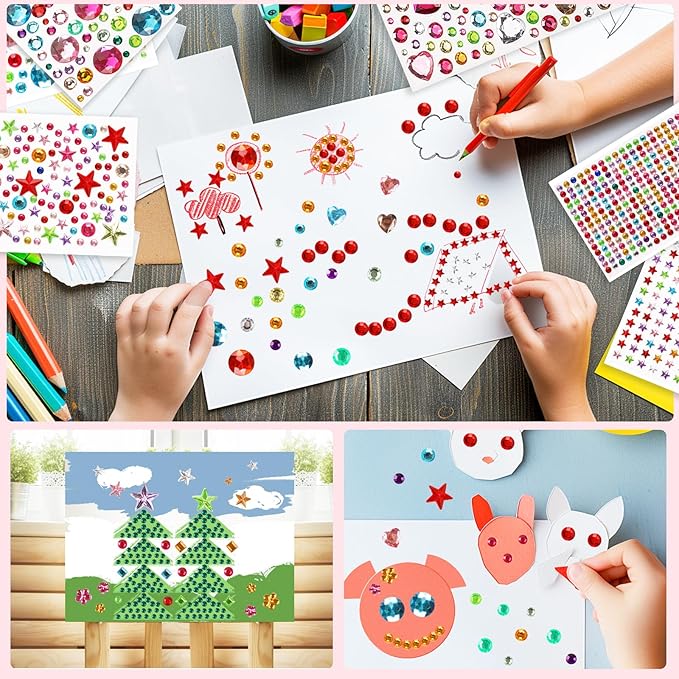 Gem Stickers, 3200pcs Rhinestone Stickers Jewels for Crafts, Self Adhesive Rhinestone Jewel Stickers, Assorted Shapes Acrylic Gems Stickers, Stick on Gems for DIY, Craft Supplies for Kids