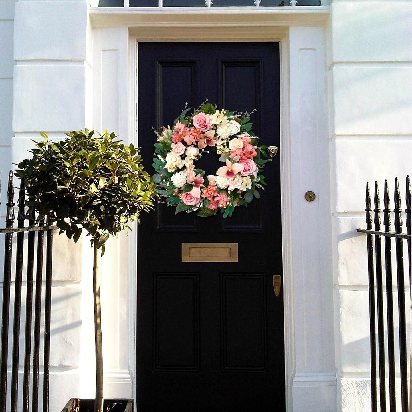 24 Inch Summer Everyday Flower Wreath for Front Door, Soft Touch Pink Roses Orchid Peony Floral for Indoor Outdoor, Flower Wreath for Home Decoration