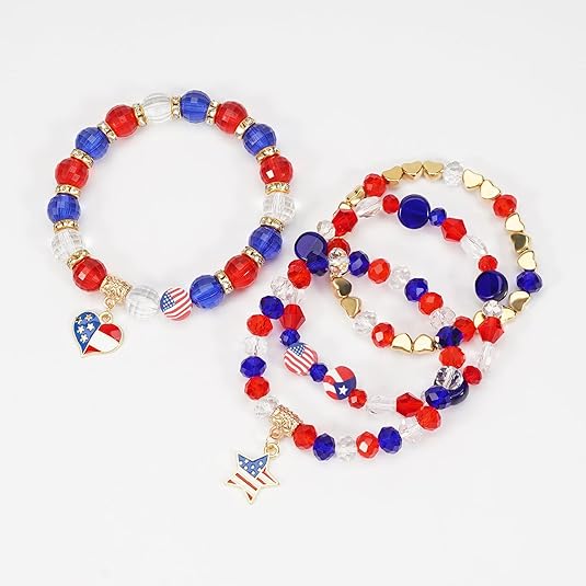 4th of July Beaded Bracelets with American Flag Stars Charms USA Jewelry