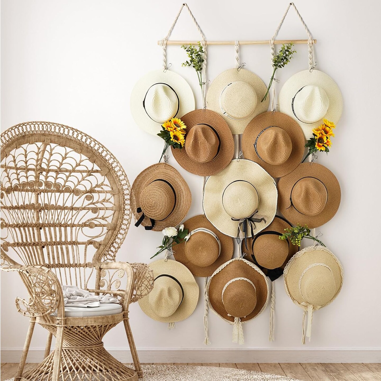 Macramé Hat Rack for Wall – 31" x 53" Boho Hat Organizer with 15 Clips, Hanging Holder for Women’s Wide-Brimmed Hats, Fedora Storage and Decorative Display