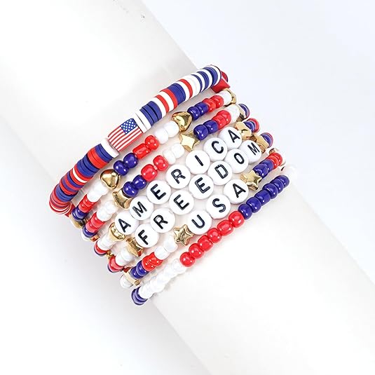 4th of July Bracelets for Women Girls America Flag Bracelets USA Red White and Blue Patriotic Stretchy Stackable Beaded Heishi Bracelet Gifts Independence Day Jewelry