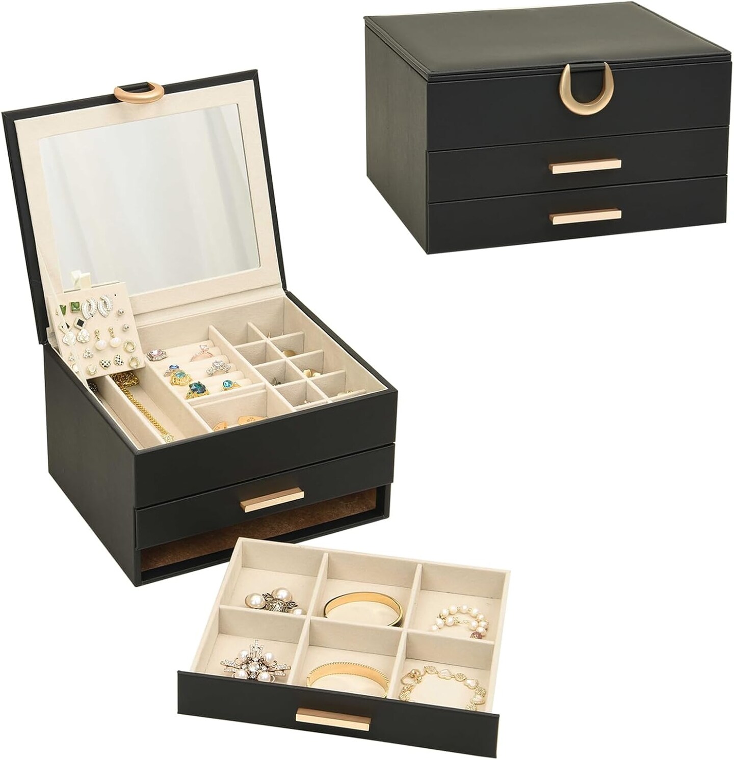Jewelry Organizer Box with Mirror - 3 Layer 2 Drawers Storage for Earrings Rings Necklaces Bracelets Women&#x2019;s Jewelry Box Black