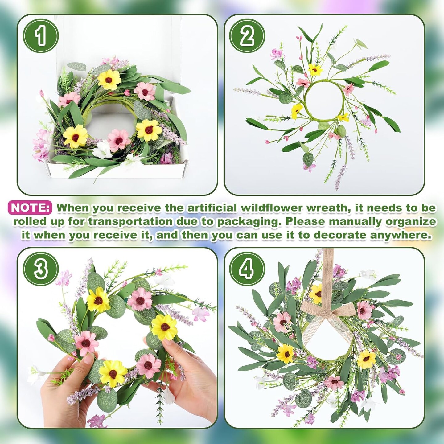 6Pcs Artificial Summer Small Wreaths Mini Floral Wedding Candle Rings Wreaths for Front Door Farmhouse Kitchen Cabinet Wreath