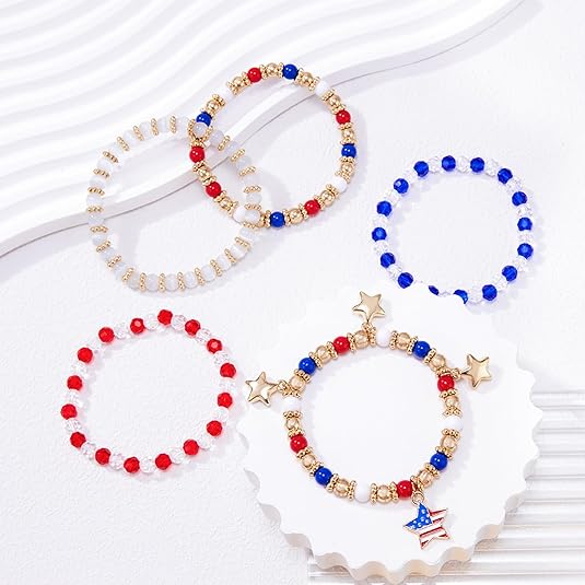 4th of July Bracelets for Women American Flag Patriotic Bracelet Set Red White Blue Independence Day Beaded Bracelets Boho Stretch Beads Bracelets USA Heishi Surfer Charm Bracelet Summer Beach Bracelets Jewelry