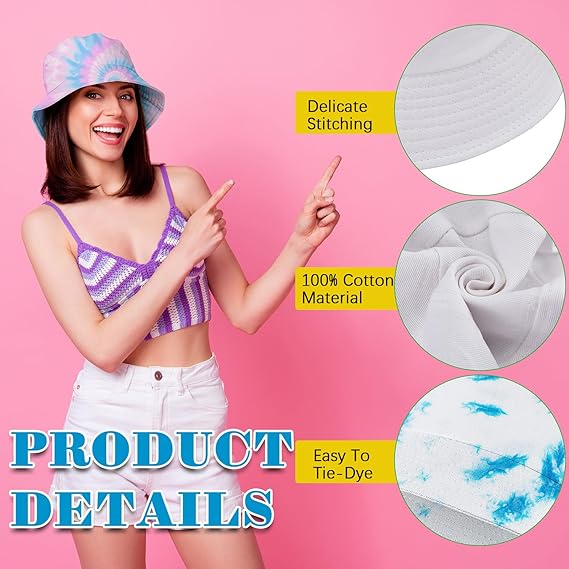 20 Pcs Cotton White Bucket Hat for Tie Dying Blank Cotton Packable Sun Hat with Accessory for Group Party DIY Project