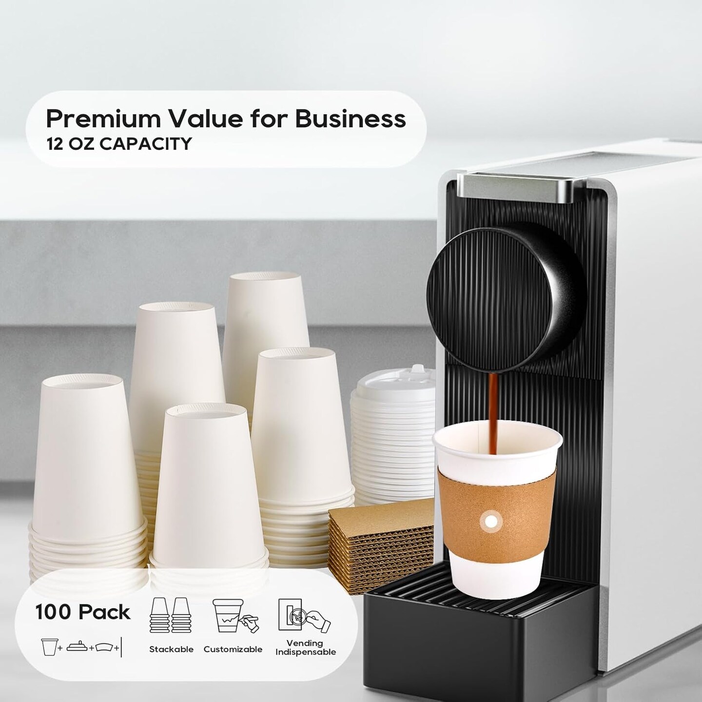 12 oz Disposable Paper Coffee Cup with Lids, Sleeves, and Stirrers, Hot/Cold Beverage Drinking Cup for Water, Juice, Coffee or Tea, Suitable for Home, Shops and Cafes, [100 Pack]