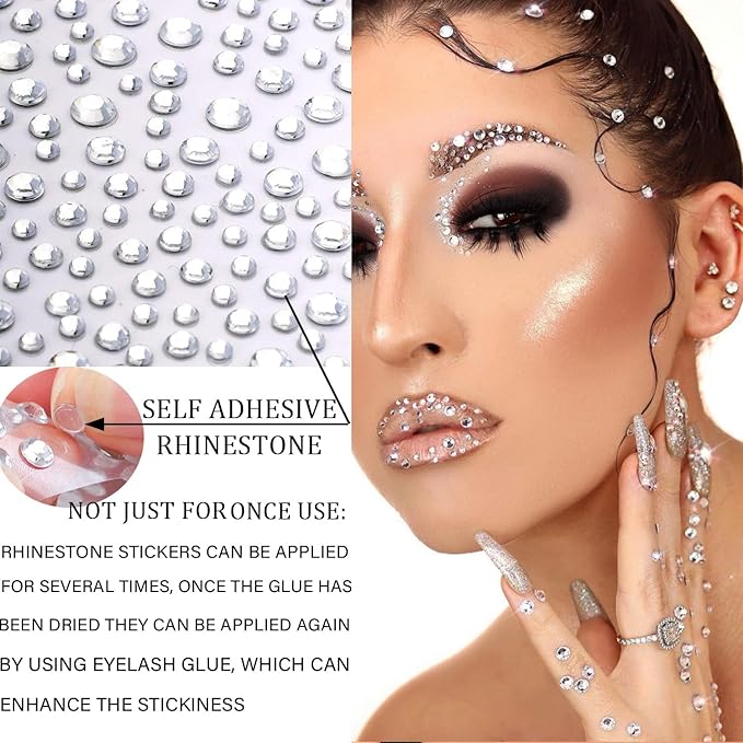 2116 pcs Self Adhesive Rhinestones for Makeup Eyes Face 6 Sheets Clear Rhinestones Stickers Bling Gems Jewels Stickers for DIY (White)