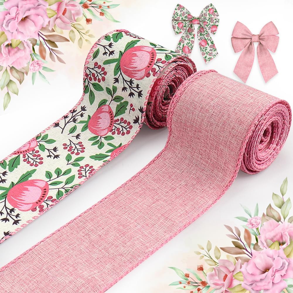 Spring Flowers Bows, 2.5"10 Yards Wired Edge Ribbons - Pink Burlap Floral Leaves for Crafting Spring Wedding Decorations
