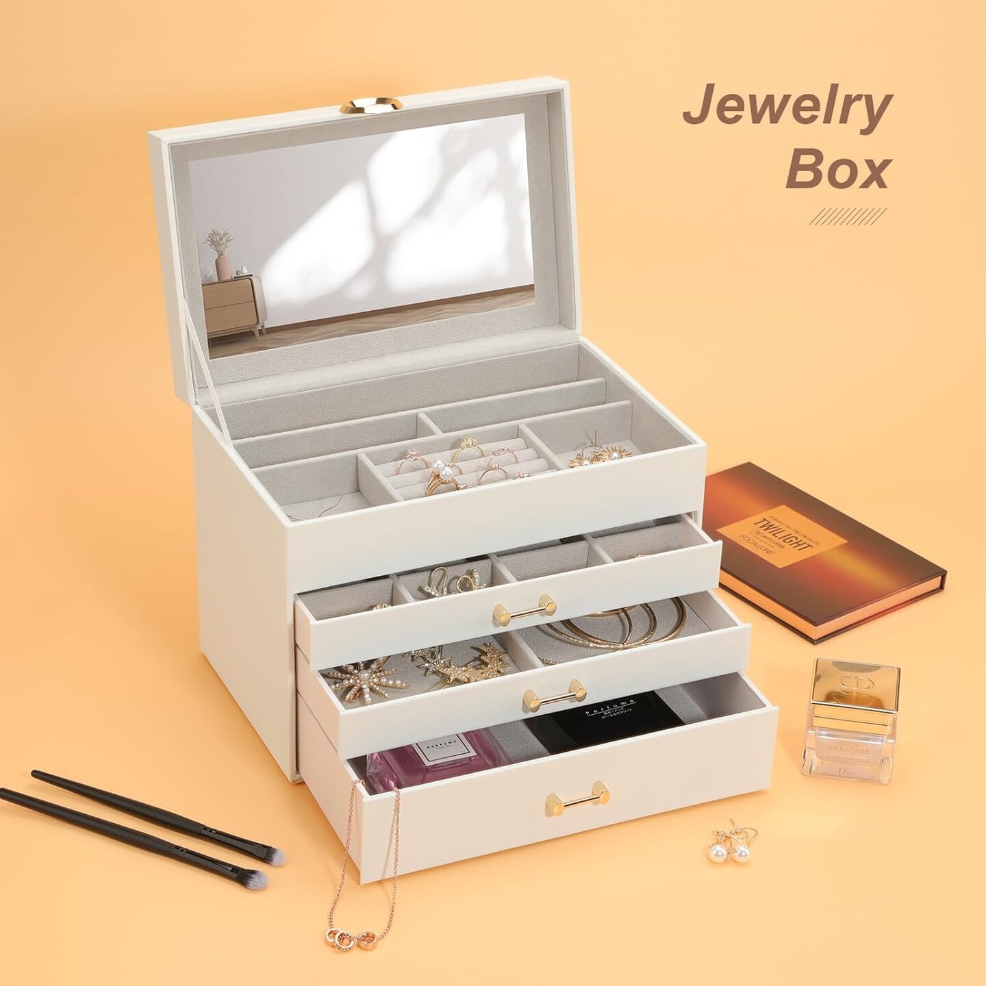 Jewelry Box with Mirror,Jewelry Holder Organize with 3 Drawer,4-Layer Jewelry Box for Women Girls,Large Jewelry Storage Box. (White