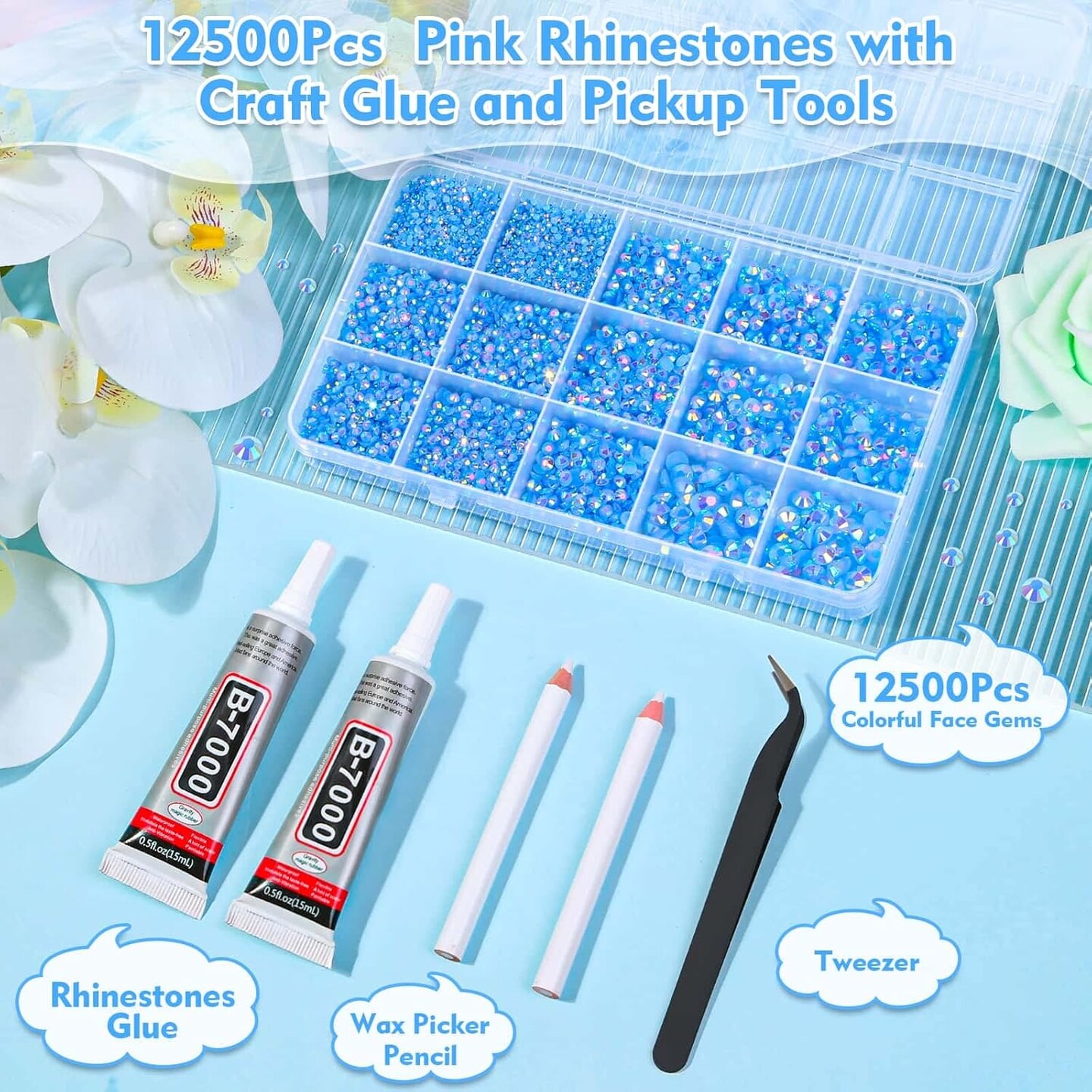 14000Pcs Flatback Light Blue Rhinestones with B7000 Adhesive Glue for Crafts, AB Color Jelly Rhinestones Resin Gems with Tweezer &#x26; Picker Pens for Shoes, Tumblers, Clothes Decoration