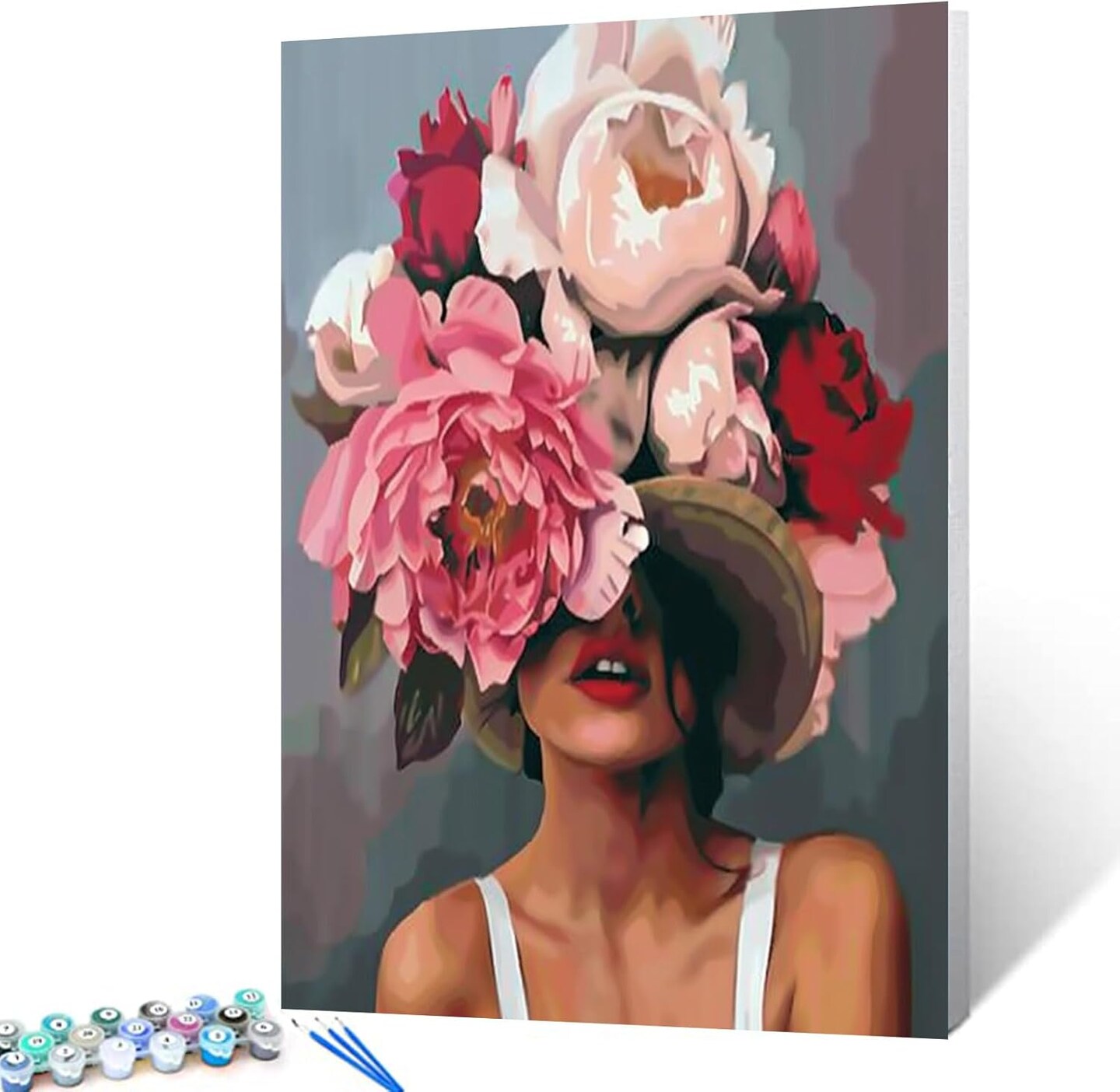 Girl with Flowers on Head Paint by Numbers for Adults Fashion Figure Lady Abstract Drawing Oil Paint by Numbers Modren Lady Head Flower Acrylic Oil Painting Set Without Frame-16''W x 20''H