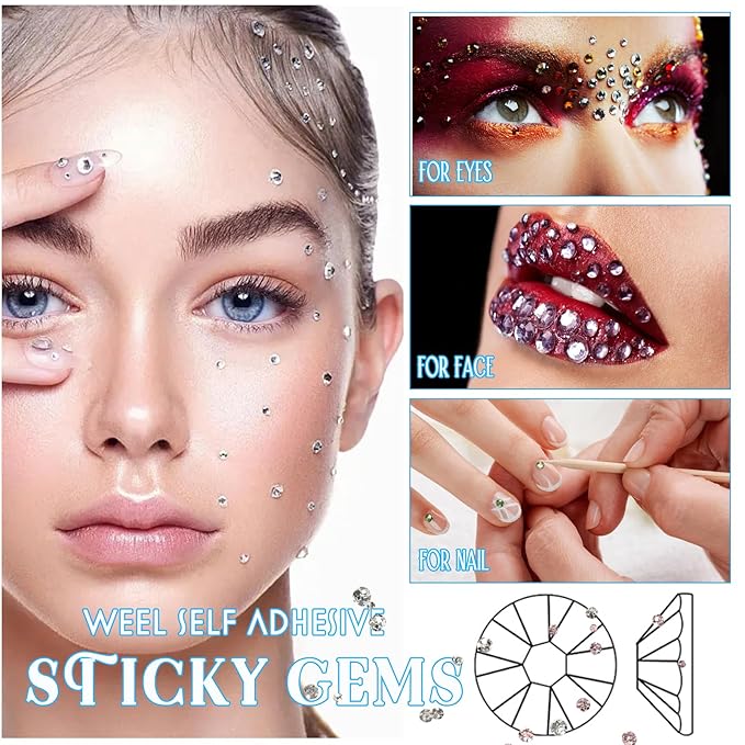 2475 Pcs Self Adhesive Rhinestone Stickers for Face Nail Eyes Decor,4 Size 15 Color Bling Sticky Gems for Body Makeup,Stick on Acrylic Jewels for CraftCard Decorations