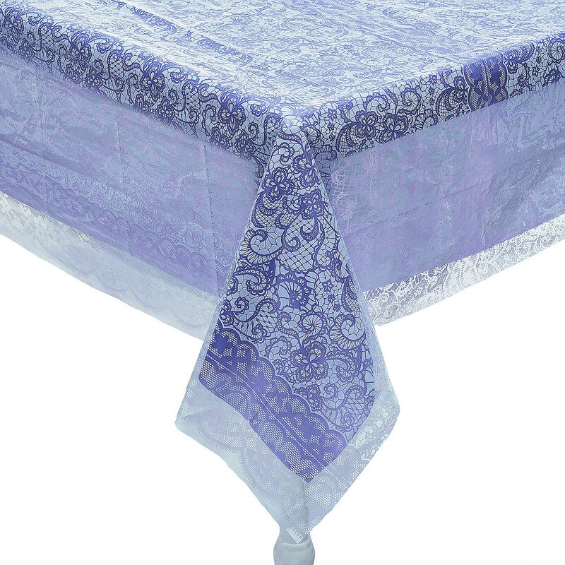 White Lace Printed & Solid Color Rectangle Disposable Plastic Tablecloth Kit 2 Pieces