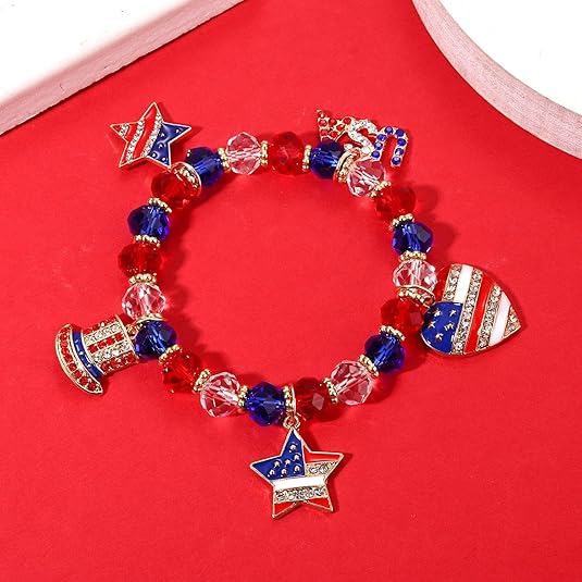 American Flag Bracelet Patriotic Bracelet for Women Girls Red White Blue Beaded Stretch Bracelet 4th of July Star Heart Star Charm Bracelet Jewelry Gift