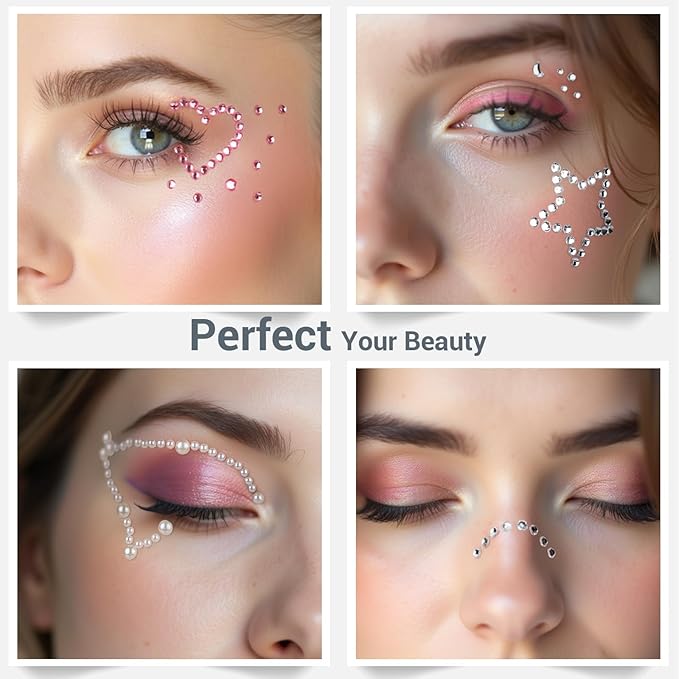 Self Adhesive Face Gems, Pearl Stickers, Hair Accessories for Girls, Rave Accessories for Women, Jewel Stickers for Face, Eye, Hair, Body, Nail