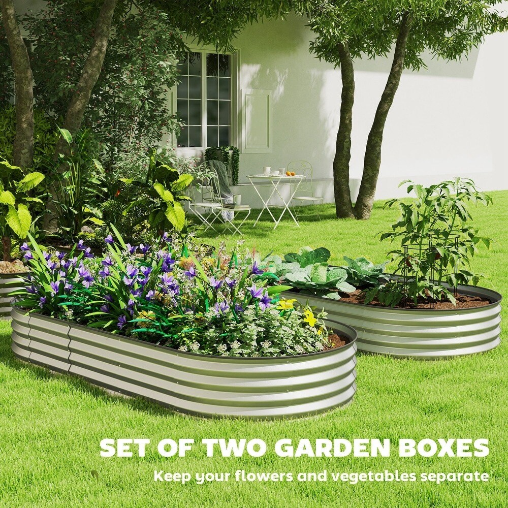 2 Pcs Galvanized Planter Boxes with Plant Support Stakes & Rubber Strap Edging