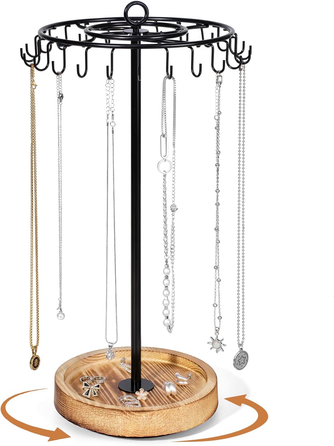 Rotating Necklace Organizer – 24-Hook Wooden & Metal Jewelry Display Stand, Tall Spinning Rack for Necklaces, Craft Shows, Retail, and Gifts (Vintage Black)