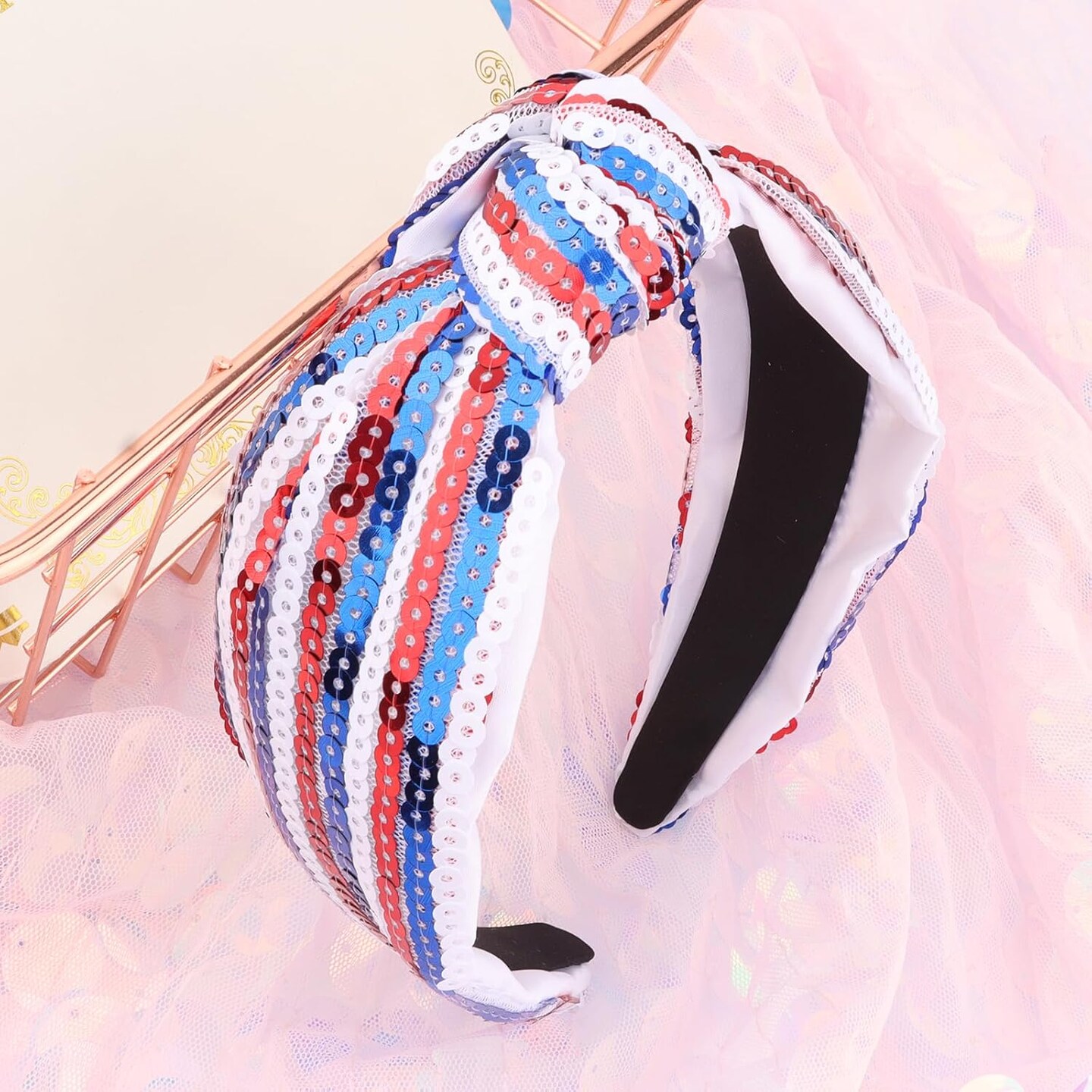 4th of July Headband for Women American Flag Knotted Headband Red White and Blue Sequin Patriotic Hairband USA Independence Day Head Band Hair Accessories Gift