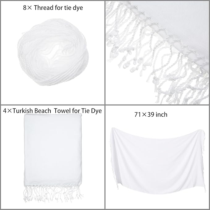 Turkish Beach Towels for Tie-dye Oversized White Beach Towel for tie dye Party 71x39 Lightweight Beach Blanke for Bath Towel Travel Towels with tie dye Thread (1) (4PCS)