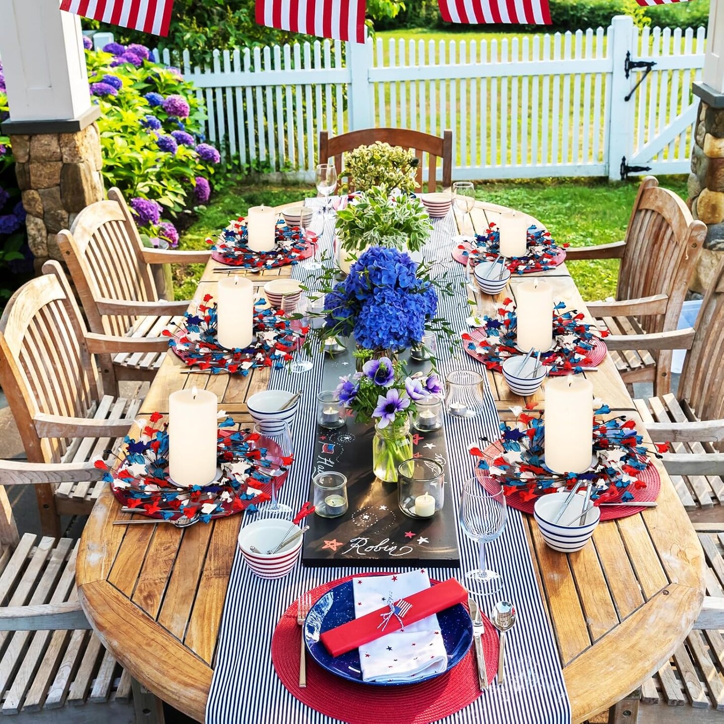 6 Pcs Mini 4th of July Wreaths Patriotic Red White and Blue Candle Rings Independence Day Memorial Day Farmhouse Artificial Garland Pillars Holder Decoration for Table Decor