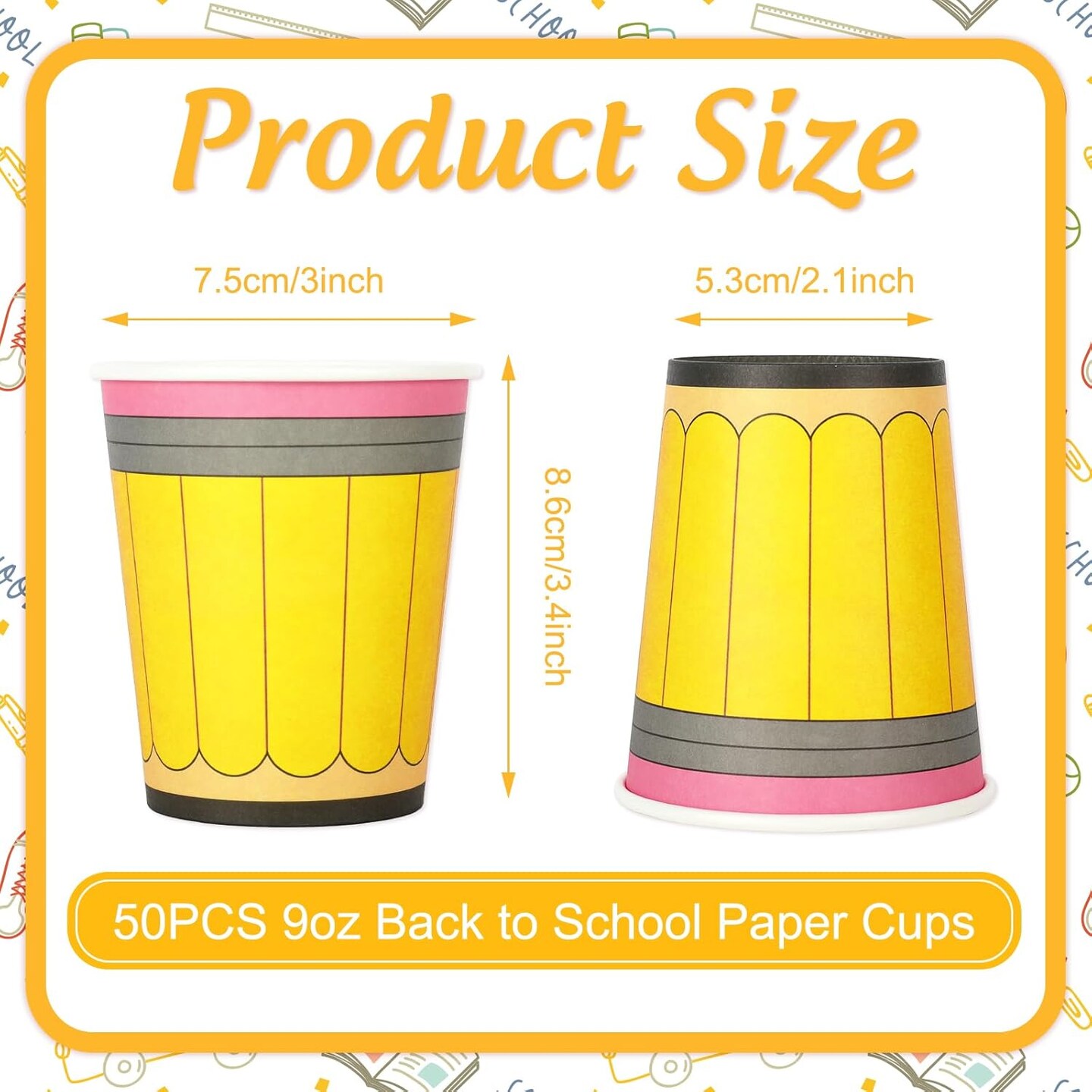 50Pcs Back to School Paper Cups 9 oz Yellow Pencil Design Disposable Cups School Season Coffee Tea Cups Cute Small Snack Cups for First Day of School Party Supplies