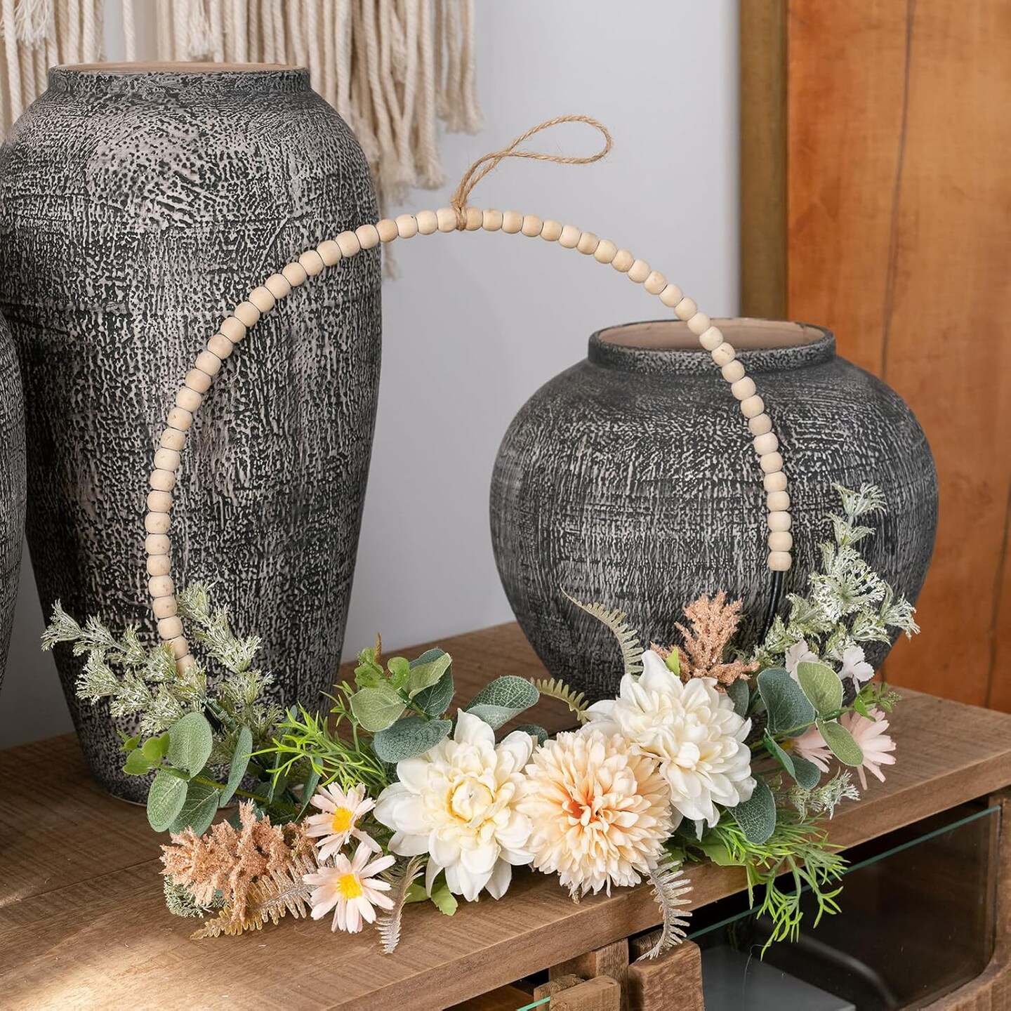 Artificial Flower Wreath for Front Door Floral Hoop Wreath Decor with Wood Beads Milk White Flowers Green Leaves Summer Home Decor