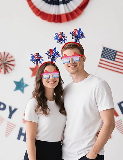 USA 4th of July Headband with Star Sunglasses – Patriotic Red, White & Blue Holiday Accessory for Independence Day Parties & Favors