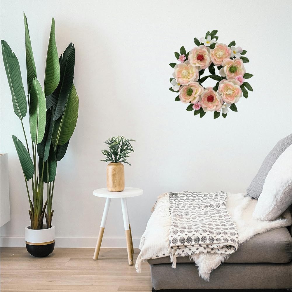 16 Inch Summer Wreath for Front Door, Artificial Summer Floral Wreath with Pink Flowers