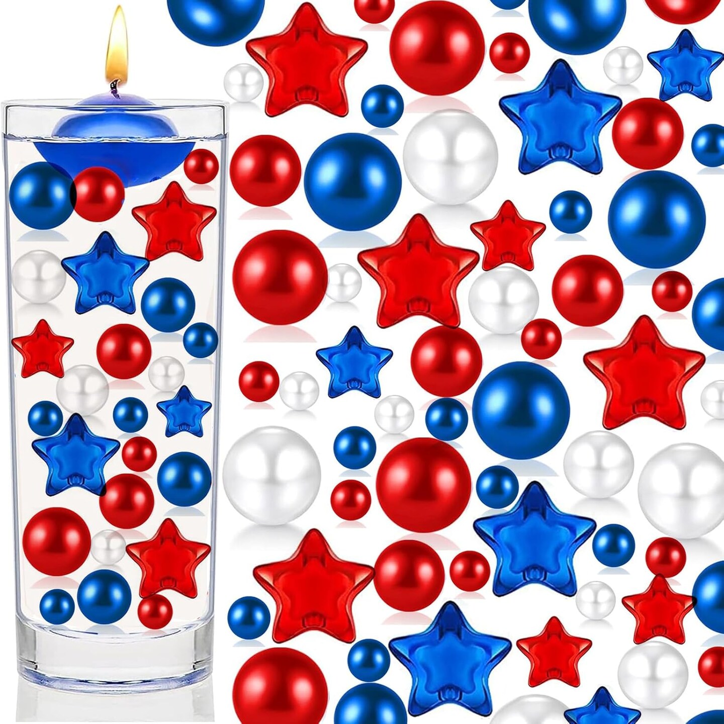 162 Pieces Patriotic Vase Filler Set - Red, White, and Blue Beads Blue Red Starsfor Vase Candles