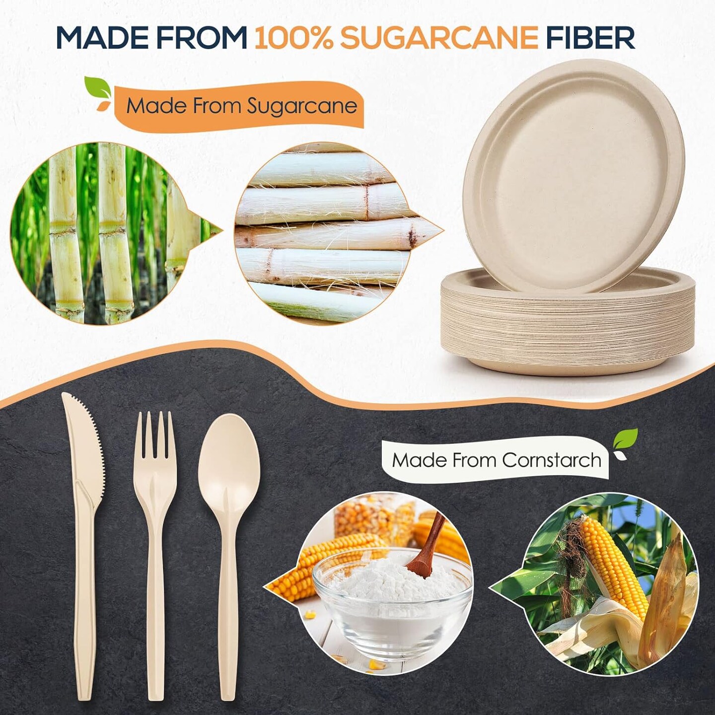 250Pcs Disposable Paper Plates Set, Compostable Plate Sugarcane Utensils Eco Friendly Dinnerware Kit Includes 50 Biodegradable Plates, Forks, Knives and Spoons for Brithday Party Camping