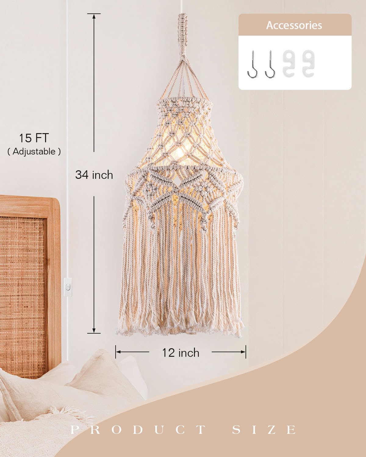 Boho Plug in Pendant Light Macrame Lamp Shade, Hanging Lamp with Plug in Cord,On/Off Switch,Bohemian Hanging Light Fixtures That Plug Into Wall Outlet for Bedroom Decor Living Room