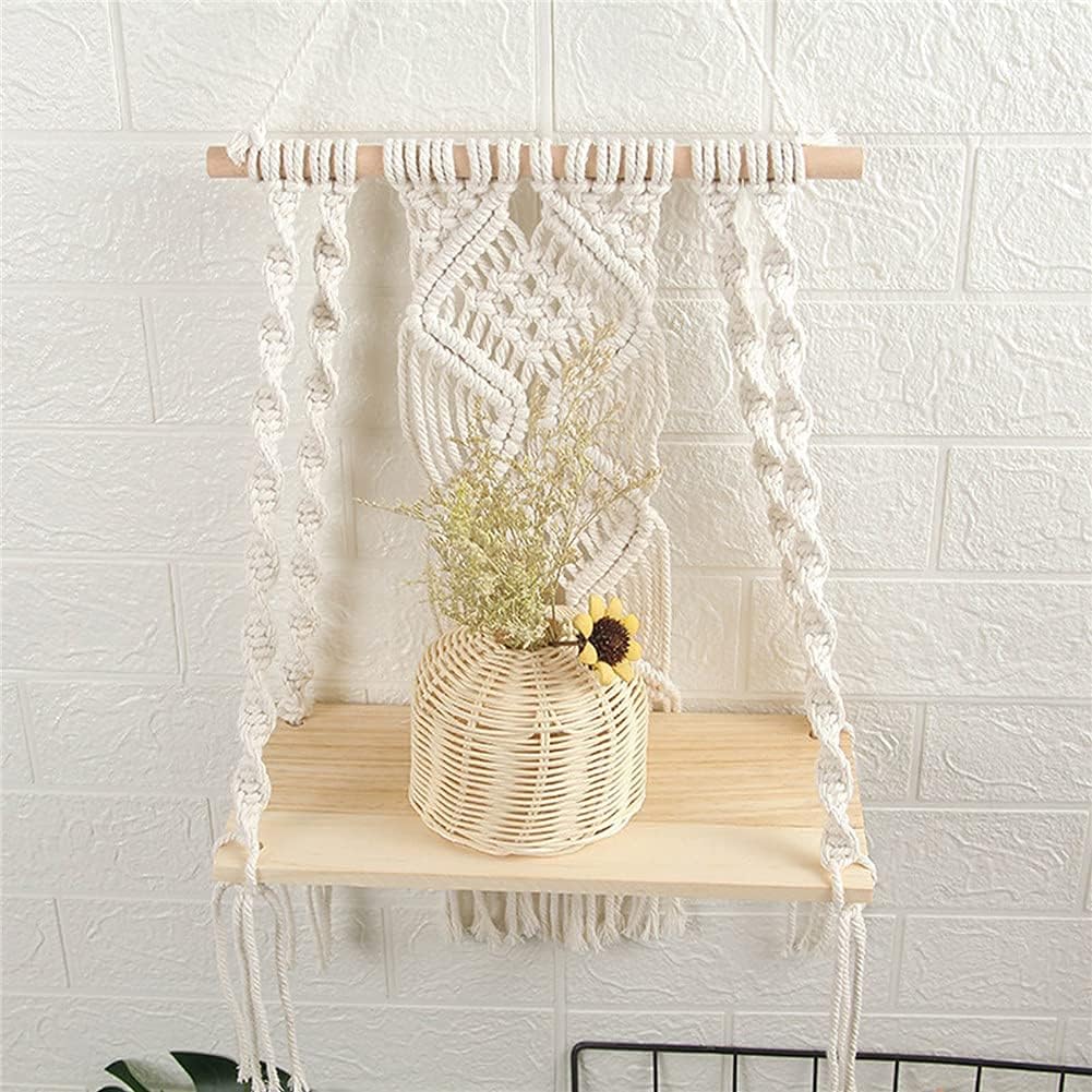 Macrame Wall Hanging Plant Shelf Handmade Boho Rope Shelf for Indoor and Outdoor Use, Floating Wooden Shelve for Plants and Decorative Display
