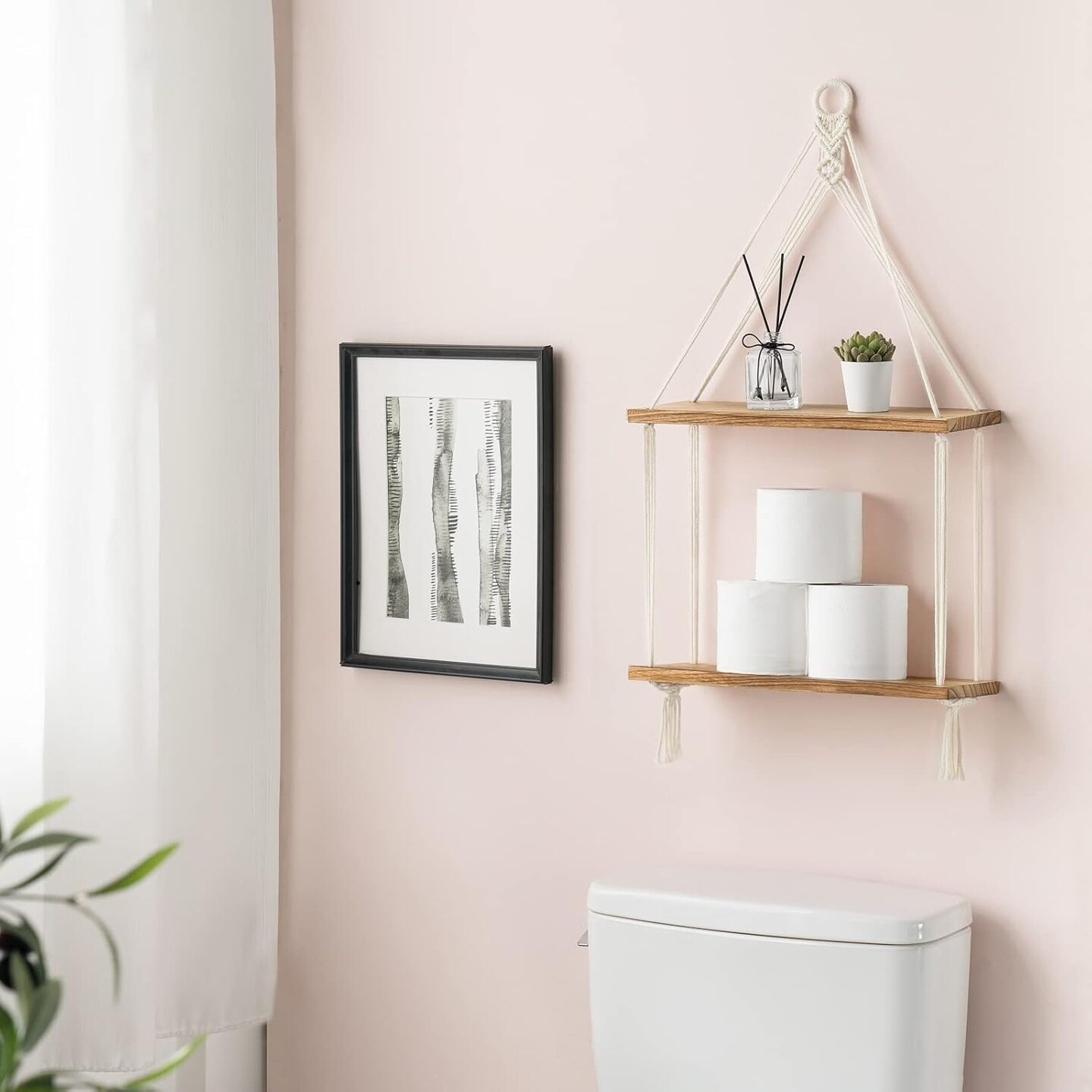 Macrame Hanging Shelf Boho Wall Decor 2 Tier Handmade Cotton Rope Rustic Wood Floating Shelves Display Photos Plants Hanging Storage Shelving for Living Room Nursery Bathroom Bedroom