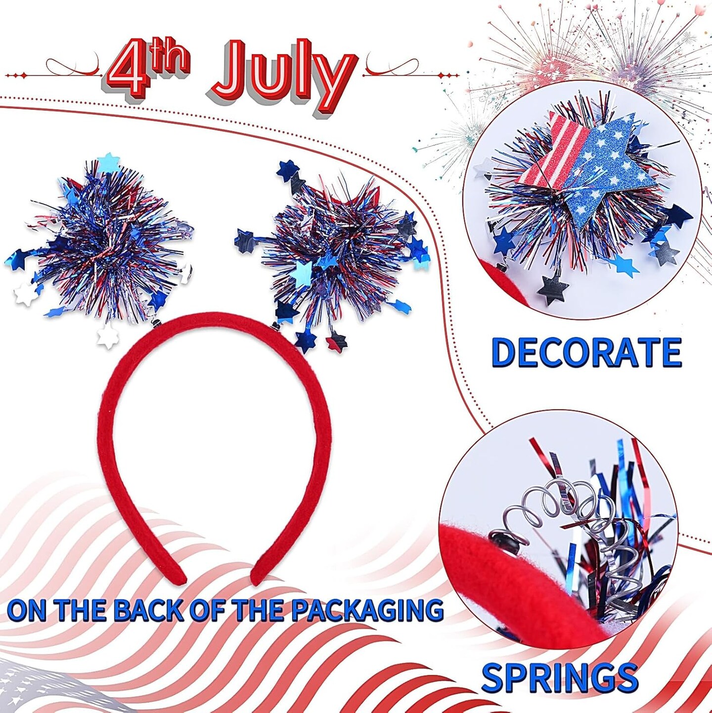 4th of July Headband Independence Day Hair Bands Glittery Star Hair Hoop USA Flag Stars Design Patriotic Decorations Red White Blue Hair Accessories for Fourth of July Parades Party Favors 1PCS