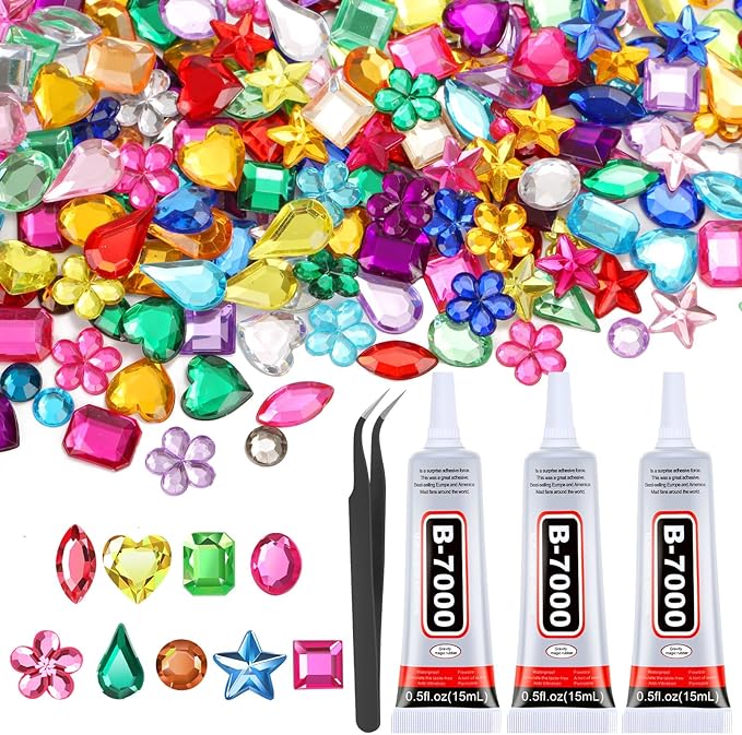 900 Pcs Jewels for Bedazzling with 3 Pack B7000 Jewelry Glue &#x2013; Flat Back Craft Gems and Rhinestones for Clothing, Sequins, Fabric Decoration