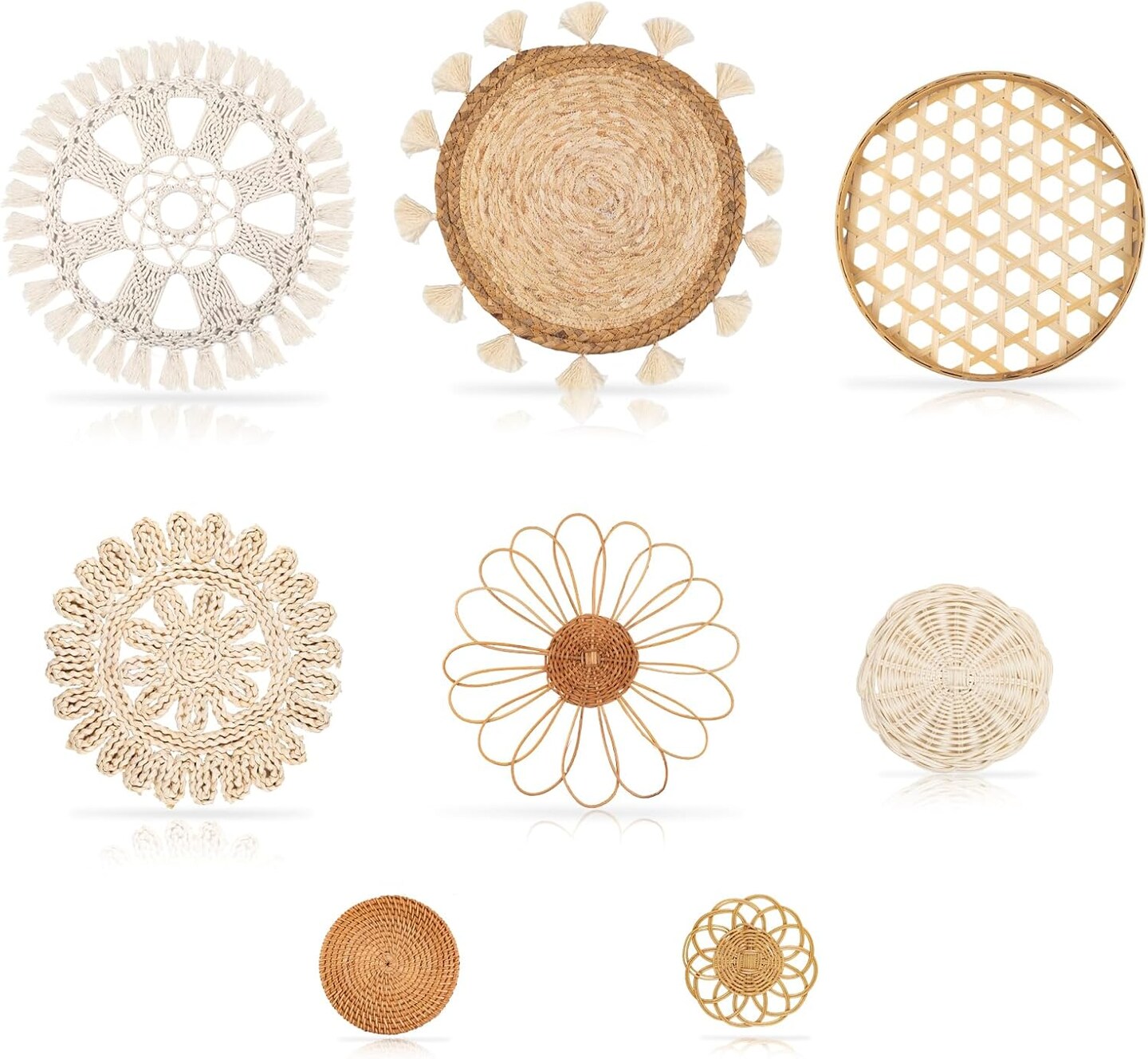 Boho Wall Basket Decor Set of 8 Flat Woven Baskets with Round Tassels, White Macrame Tapestry Wall Art, Handmade Rattan, Wicker, and Seagrass Home Wall Decor (Boho Classic)