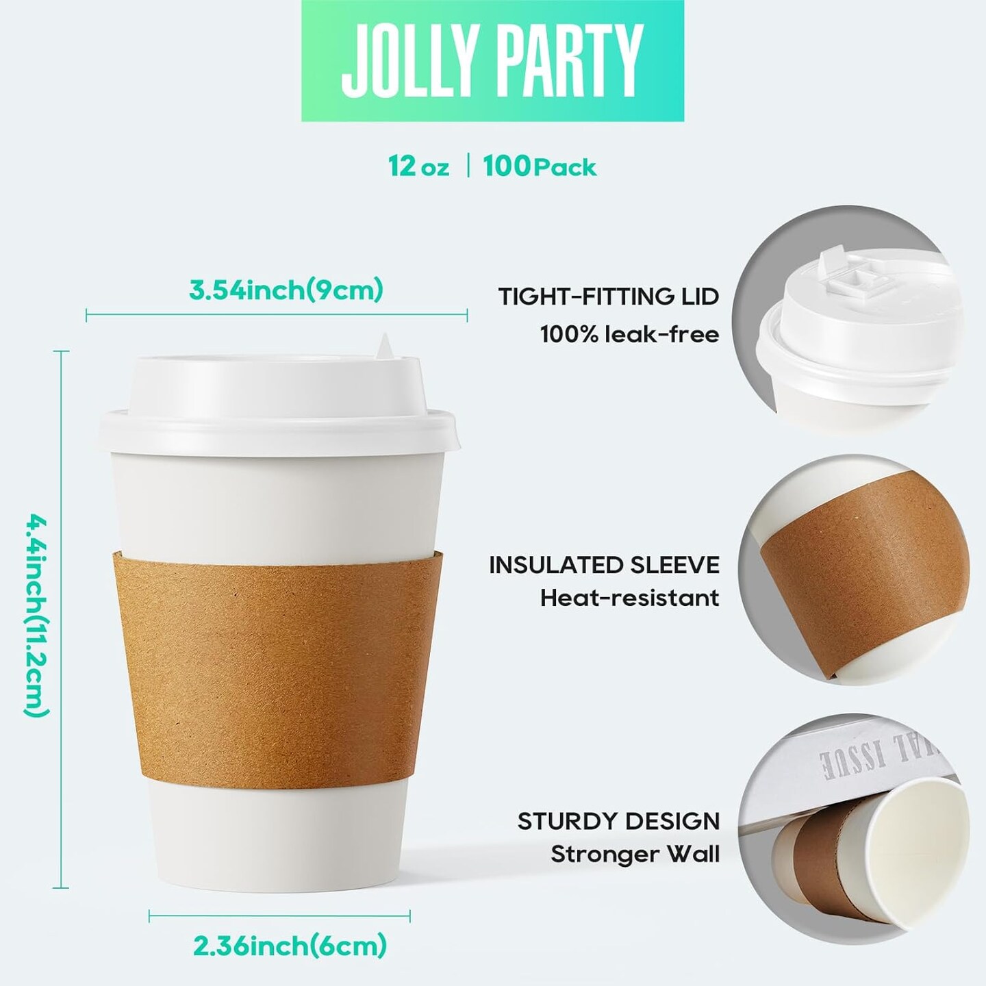 12 oz Disposable Paper Coffee Cup with Lids, Sleeves, and Stirrers, Hot/Cold Beverage Drinking Cup for Water, Juice, Coffee or Tea, Suitable for Home, Shops and Cafes, [100 Pack]